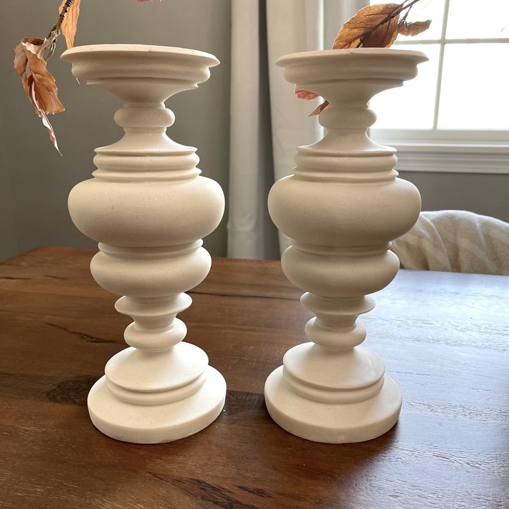 Set of Two White Pillar Candle Holders
